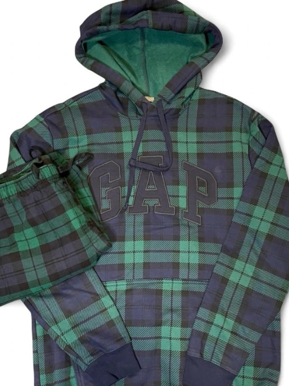 GAP Men's Black Watch Plaid Logo Hoodie and Joggers Set
